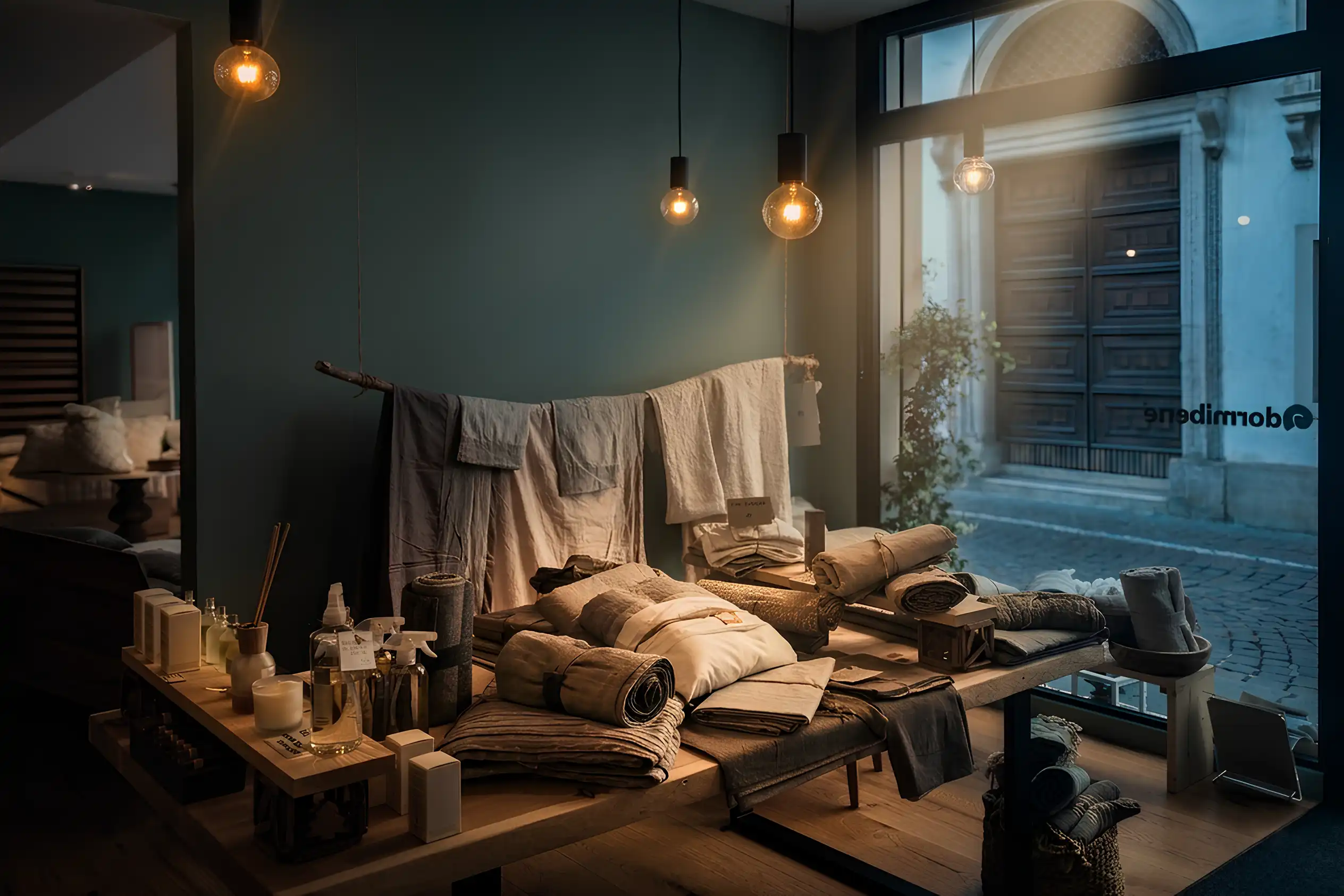 Showroom Dormi Bene con biancheria per il letto, lenzuola e tessili di alta qualità in esposizione