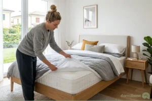 Persona che effettua la pulizia del materasso in una camera da letto luminosa e ordinata.