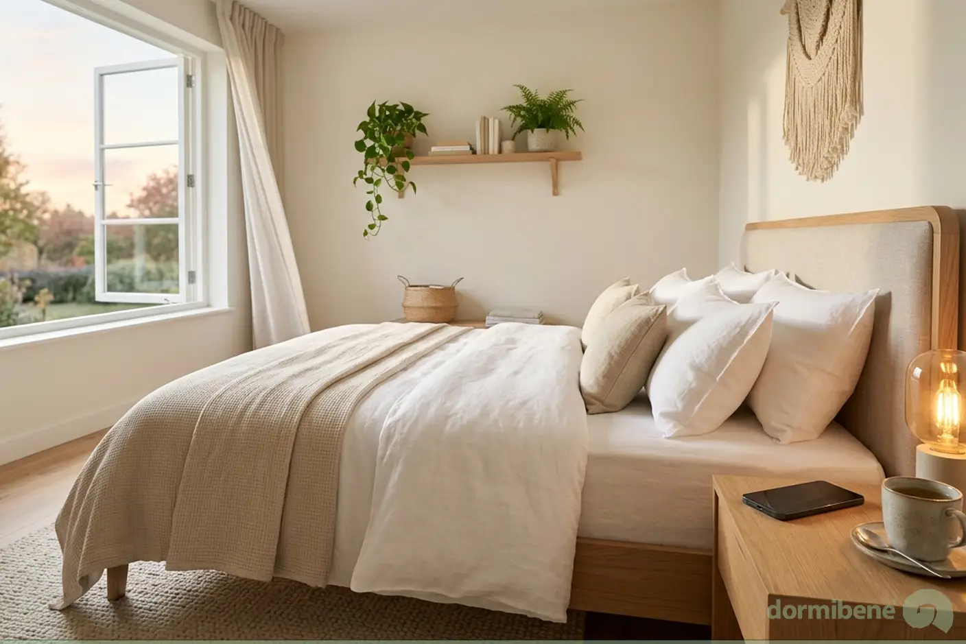 Camera da letto moderna con letto matrimoniale, smartphone spento e ambiente ideale per migliorare il riposo notturno.