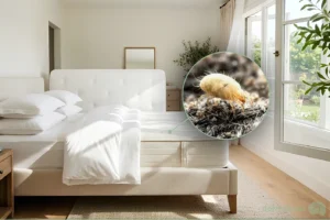 Camera da letto luminosa con materasso arieggiato per ridurre la presenza di acari e migliorare l'igiene del sonno.