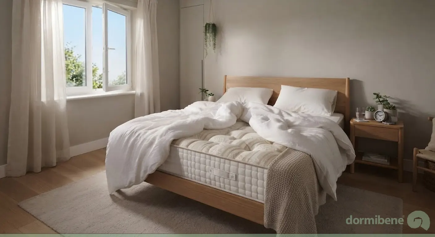 Materasso matrimoniale in una camera luminosa con letto aperto per favorire la ventilazione e prevenire l'umidità